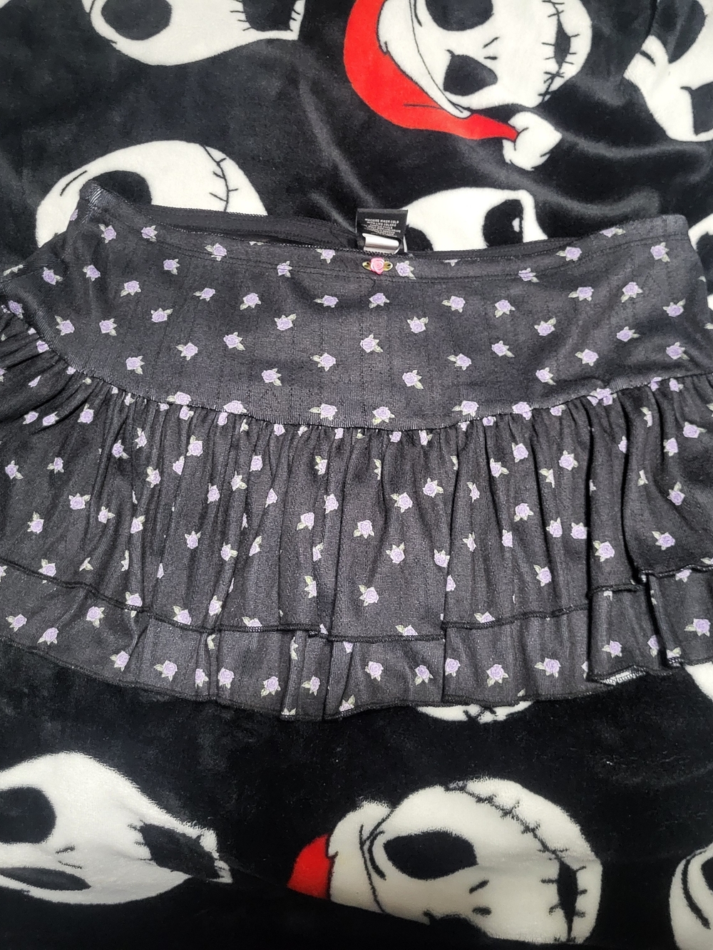 Black Tiered Mini Skirt with Lavender Floral Print